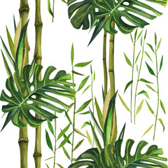 Fototapety  Ręcznie rysowane wzór akwarela z liści bambusa. Bez szwu wzorów