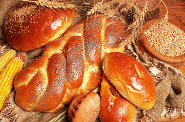 Assortment of baked goods on a wooden table