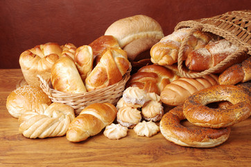 Assortment of baked goods on a wooden table
