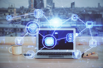 Computer on desktop with social network theme icon. Multi exposure. Concept of international...