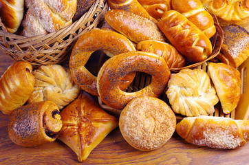 Assortment of baked goods on a wooden table