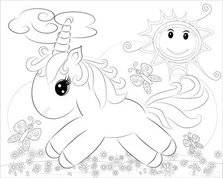 Coloring pages. Little cute pony and rainbow