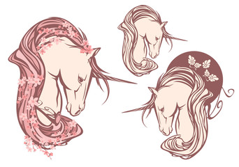 magic unicorn horse among blooming sakura tree branches - spring season art nouveau style mythical animal vector portrait © Cattallina