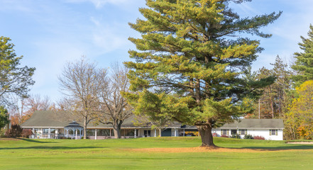 green grass golf course in fall with autumn leaves and trees