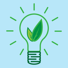Vector illustration of a green leaf in an incandescent bulb. Concept of ecology and environmental protection. Logo of the eco.