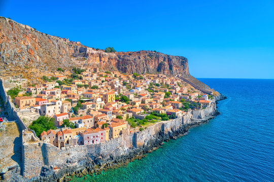 Aerial view of the old town of Monemvasia in Lakonia of Peloponnese, Greece.
