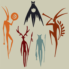 Forest spirits silhouettes ancient rock carvings