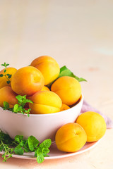 Fresh sweet orange apricots in pink bowl on the pink concrete surface table, selective focus, shallow depth of the fields