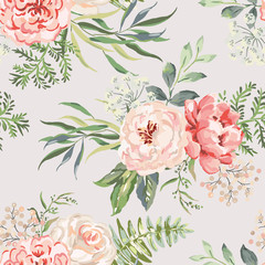 Pink rose, peony flowers with green leaves bouquets background. Floral illustration. Vector seamless pattern. Botanical design. Nature summer plants. Romantic wedding © ojardin