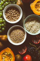 Autumnal fruit and food background