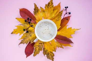 Autumn composition. mug of cappuccino and yellow and red leaves with berries on a pink background. autumn background. flat lay, top view, copy space