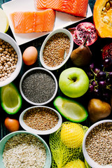Healthy or vegetarian nutrition concept with selection of organic autumn fruits and vegetables
