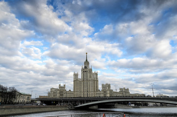 Fototapeta na wymiar MOSCOW,RUSSIA - MARCH 11,2014: Moscow cityscape with Stalin's high-rise building on kotelnicheskaya embankment