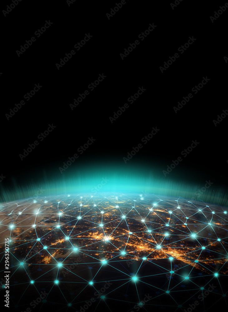 Wall mural Global network for the exchange of data on the planet Earth. Blue black ground. Elements of this image furnished by NASA.