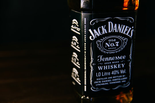LONDON - SEPTEMBER 04, 2018: Jack Daniels Whiskey bottle on dark background  Stock Photo | Adobe Stock