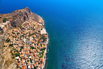 Fototapeta premium Aerial view of the old town of Monemvasia in Lakonia of Peloponnese, Greece.