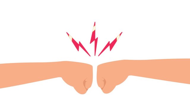 Fist bump of two competitors or rivals in conflict and resistance. Punching and touching knuckles in anger disagreement. Seamless looped cartoon animation. Fighting gesture motion graphics.
