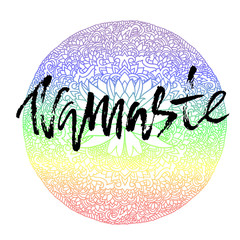 Namaste modern dry brush lettering on mandala pattern background. Yoga typography poster. Vector illustration.
