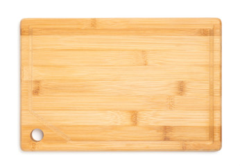 Bamboo cutting board isolated on white background, top view