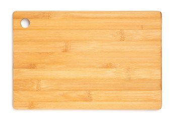 Bamboo cutting board isolated on white background, top view