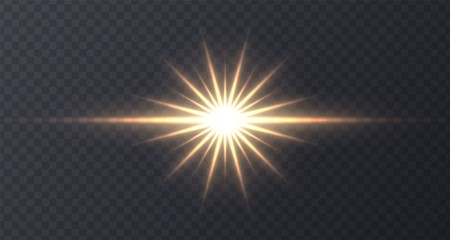 Shining sun flare isolated on dark transparent background. Lens flare, shining star with rays concept. Glowing vector light effect.