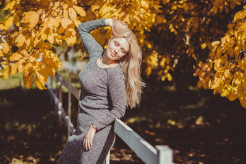 Pretty fashionable plus size woman in knitted midi dress at autumn  