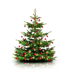 Geschmückter Weihnachtsbaum mit bunten Weihnachtskugeln isoliert auf weißem Hintergrund