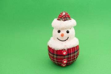Christmas-tree decorations on green background. Snowman toy