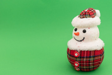 Christmas-tree decorations on green background. Snowman toy