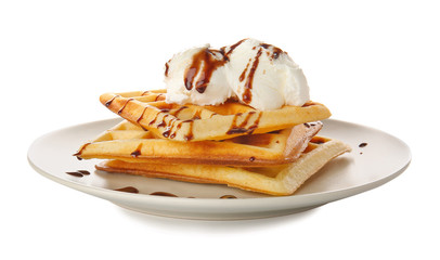 Plate with tasty waffles and ice-cream on white background