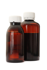 Amber glass bottle of Brown mixture for relieves cough, text on white cap means This way to break seal and to open, isolated on white background, Clipping path.