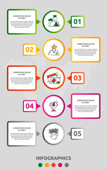Vector infographic 3D template circles for five labels, diagram, graph, presentation. Business concept with 5 options. Blank space for content, step for step, timeline, workflow, marketing, web