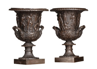 Pair of black greek or Roamn style urns with Roman style figures isolated on white