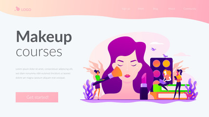 Woman in beautician parlor. Female character testing skin care product in beauty salon. Makeup courses, make up school, cosmetics masterclass concept. Website homepage header landing web page template