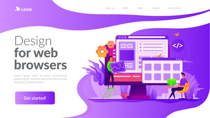 Developers create internet app. Software engineering, computer technology. Website development, web application coding, design for web browsers concept. Website homepage header landing web page