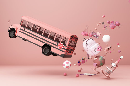 back to school ,inspiration, poster with educational equipment and school bus. 3d rendering