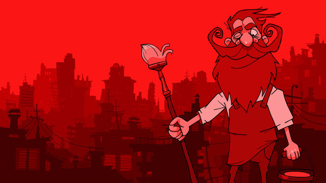 cartoon man painter on a red city background