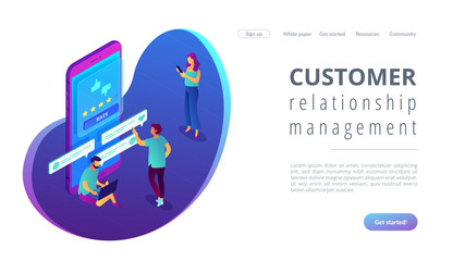 Clients writing and reading feedback on mobile phone. Customer feedback, customer rating feedback, customer relationship management concept. Isometric 3D website app landing web page template