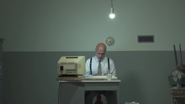 Corporate businessman working in a rundown office
