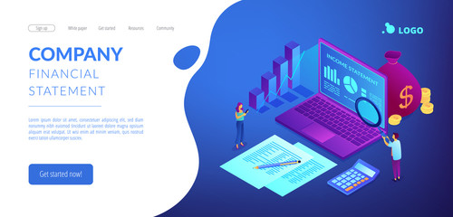 Financial analysts with magnifier and laptop counting income statement. Income statement, company financial statement, balance sheet concept. Isometric 3D website app landing web page template