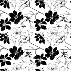 Vector Cosmos floral botanical flowers. Black and white engraved ink art. Seamless background pattern.