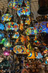 Colorful turkish glass lamps for sale at the street market in Bodrum, Turkey. Close up
