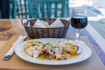 European cuisine, Mediterranean dish. Grilled squid with oyster sauce, Greece