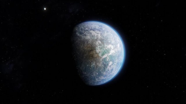 Closing in on a habitable alien Earth like exoplanet with moon in space 4K