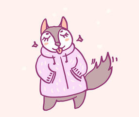 Cute cartoon character husky in warm winter clothes, funny vector illustration. Tee card print graphic art.