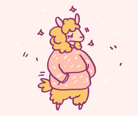 Cute cartoon character llama in warm winter clothes, funny vector illustration. Tee card print graphic art.