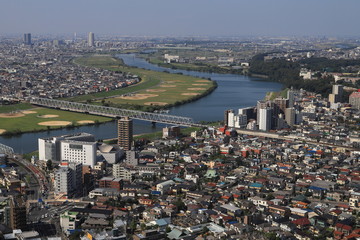 Aerial view of Edogawa River and the suburbs of Tokyo, Japan