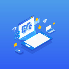 High-speed mobile internet connection concept. Isometric 5G network wireless technology illustration.