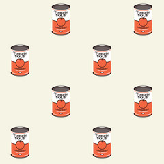 Vector seamless pattern with tin cans of tomato soup in retro style on light background. Repeatable flat illustrations for condensed tomato soup