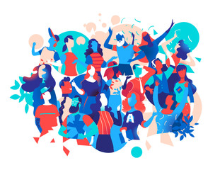Group of male and female characters celebrate, have fun, dance at a party. Vector illustration - obrazy, fototapety, plakaty